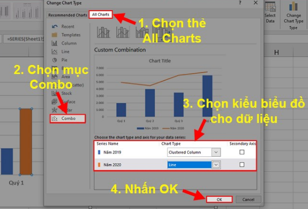 Cách ghép biểu đồ với dữ liệu ở trên cùng 1 bảng trong Excel 4